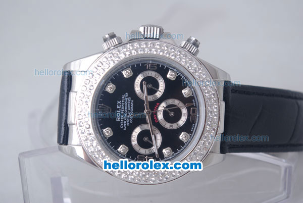Rolex Daytona Oyster Perpetual Automatic Diamond Bezel with Black Dial and Diaomond Marking-Leather Strap - Click Image to Close